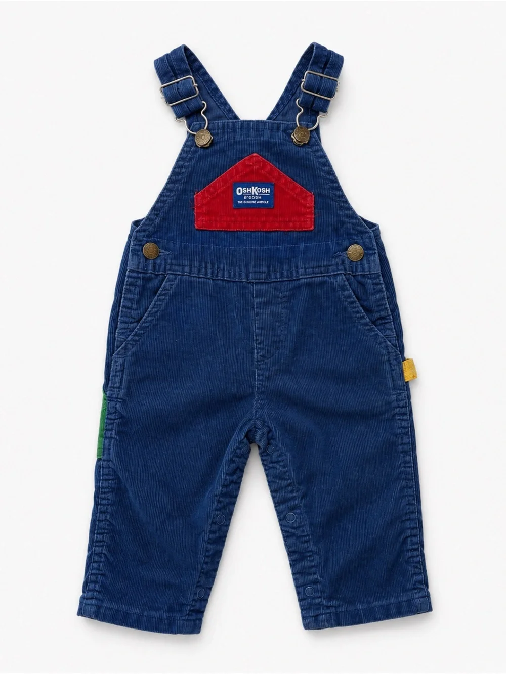 Vintage OshKosh B’Gosh USA Blue Corduroy Overalls Baby 12M Color Block Snap Leg